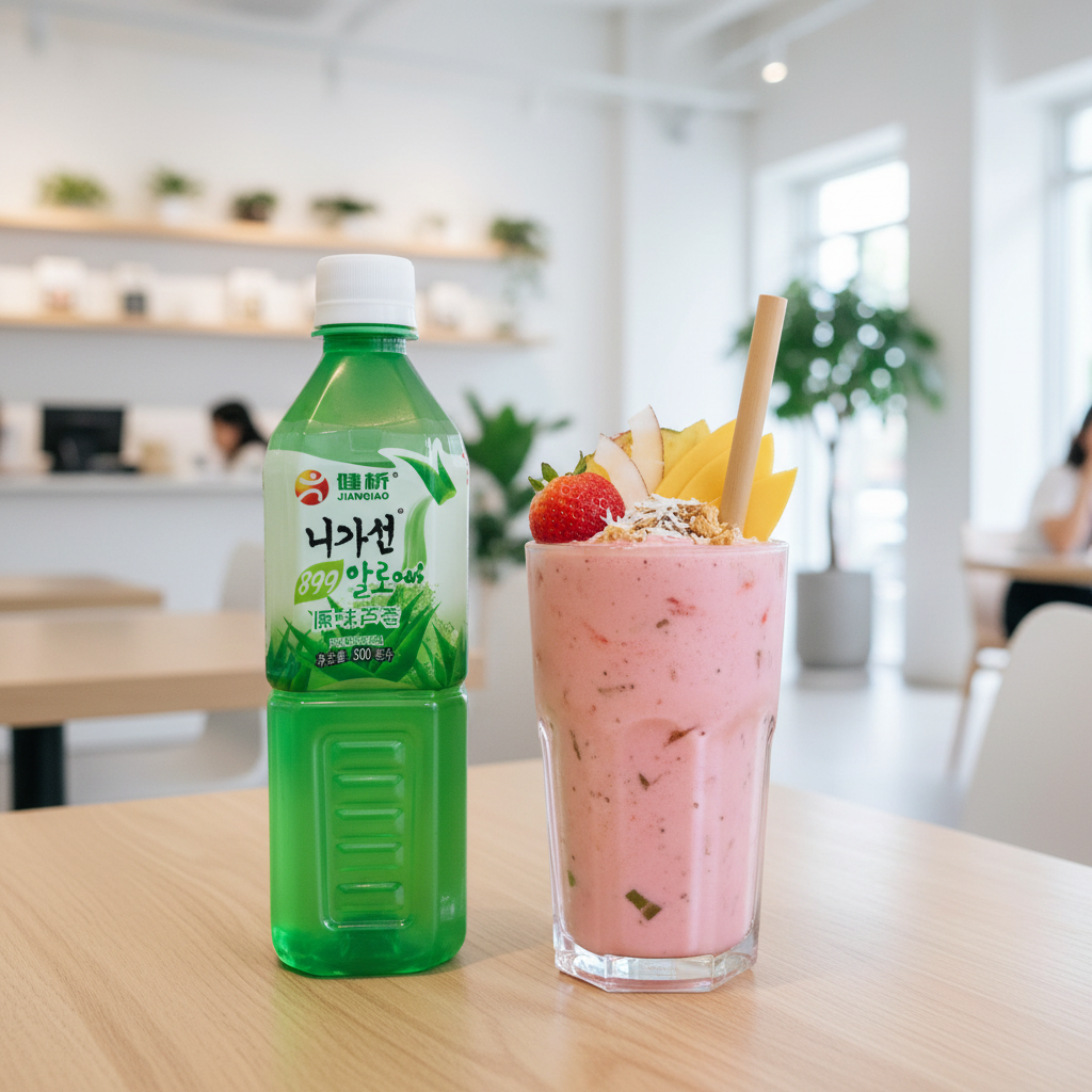 Mei Wei: Suco Chinês de Aloe Vera Jianqiao 500ml em smoothie detox com frutas tropicais em café wellness - vitamina saudável e refrescante