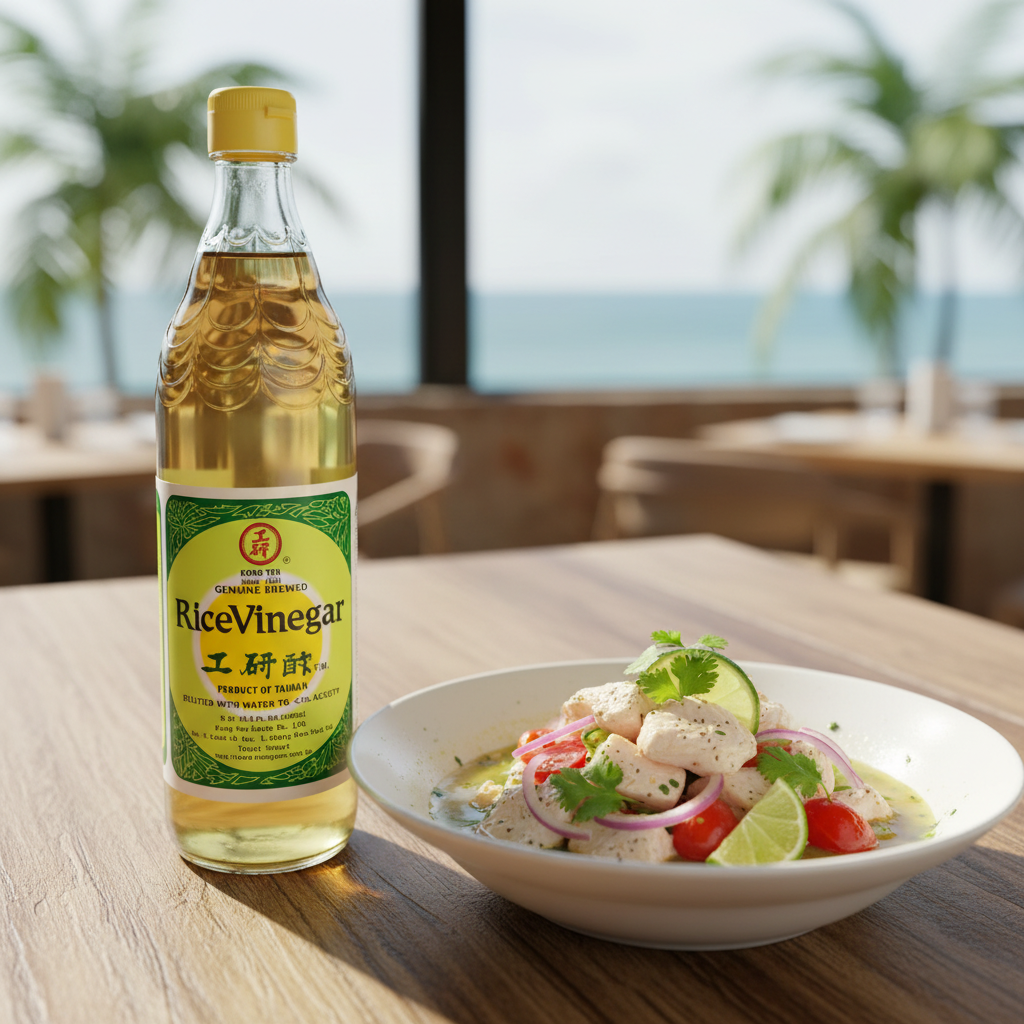 Mei Wei: Vinagre de Arroz Kong Yen 600ml em ceviche brasileiro - fusão Brasil-Ásia com frutos do mar frescos