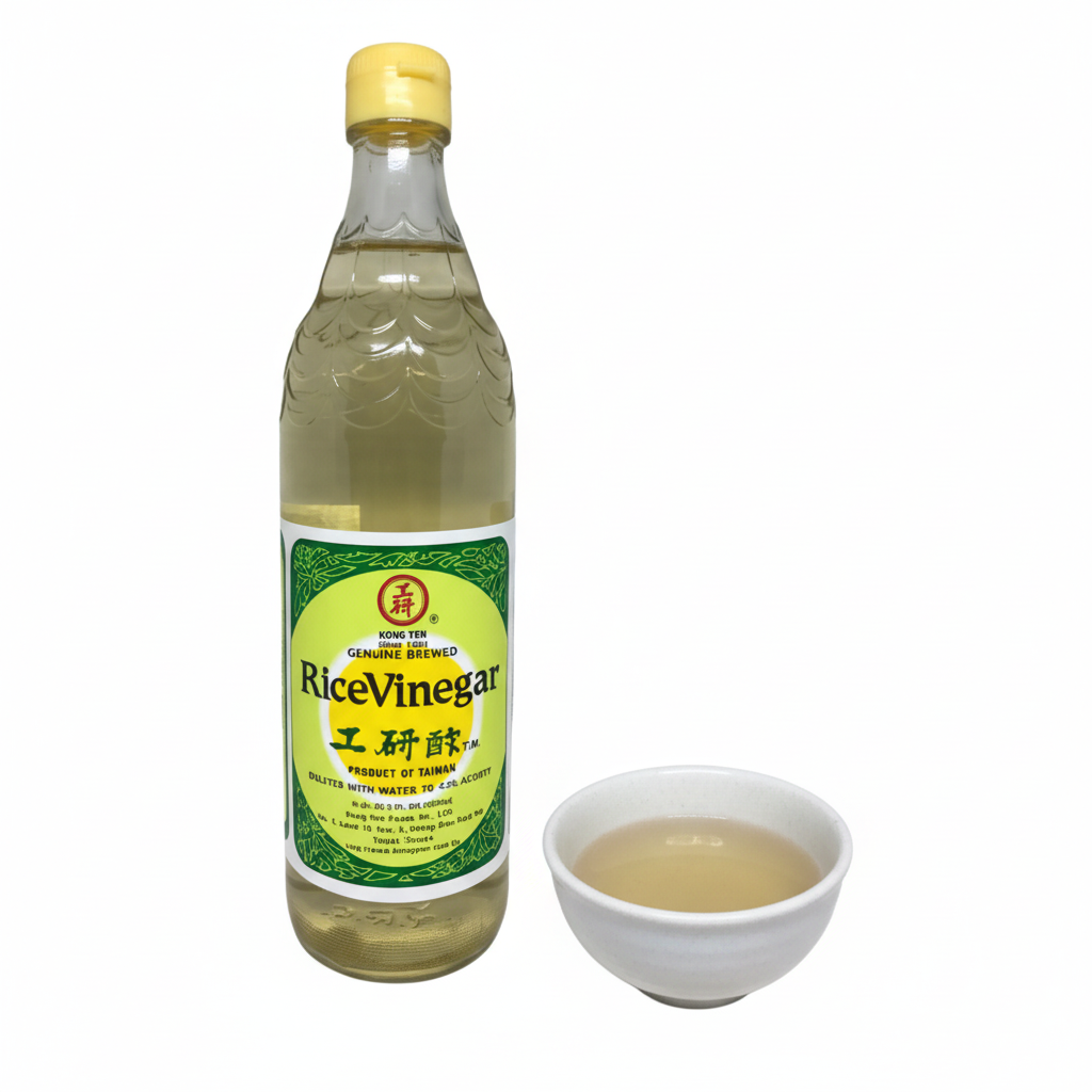 Mei Wei: Vinagre de Arroz Kong Yen 600ml com tigela mostrando textura clara - vinagre asiático para culinária