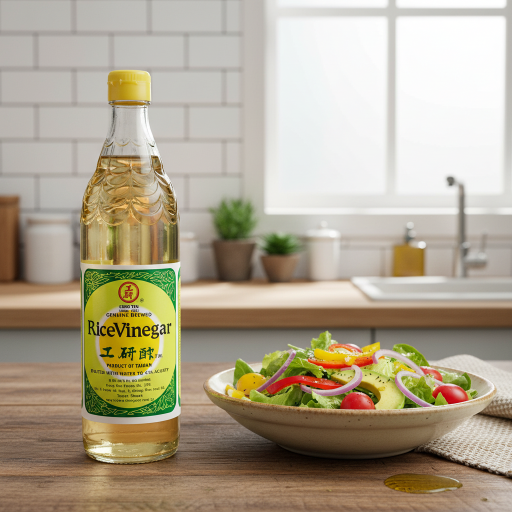 Mei Wei: Vinagre de Arroz Kong Yen 600ml com salada brasileira fresca - fusão Brasil-Ásia em vinagrete saudável