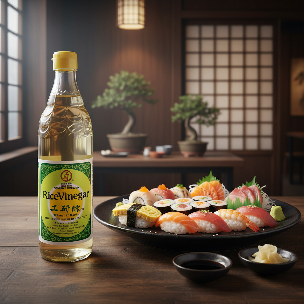 Mei Wei: Vinagre de Arroz Kong Yen 600ml ao lado de sushi tradicional japonês - uso essencial em arroz de sushi e culinária japonesa