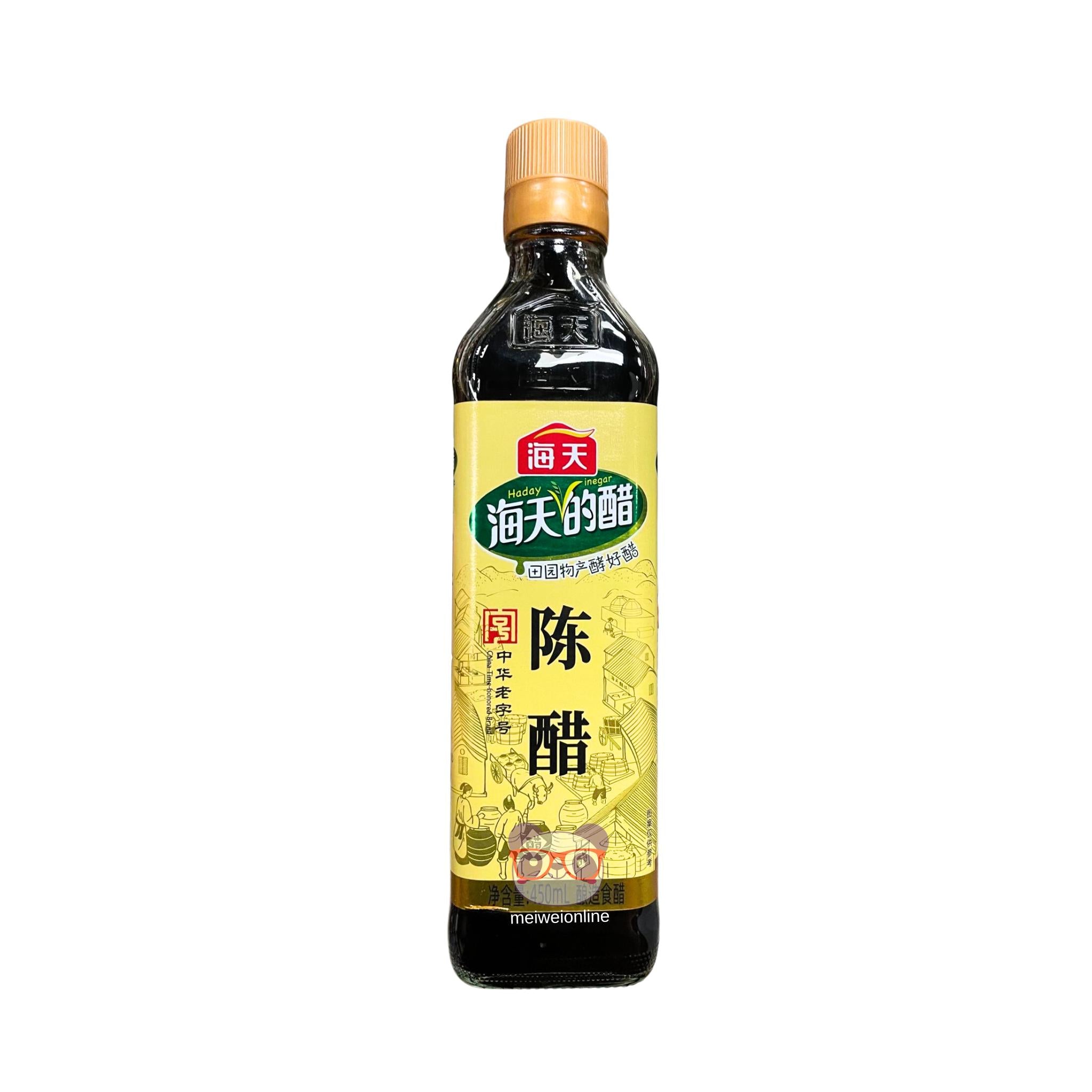 Mei Wei: Vinagre maduro Haday 450ml (海天陈醋) - Aged Vinegar chinês Chinkiang em garrafa de vidro com rótulo amarelo e tampa dourada