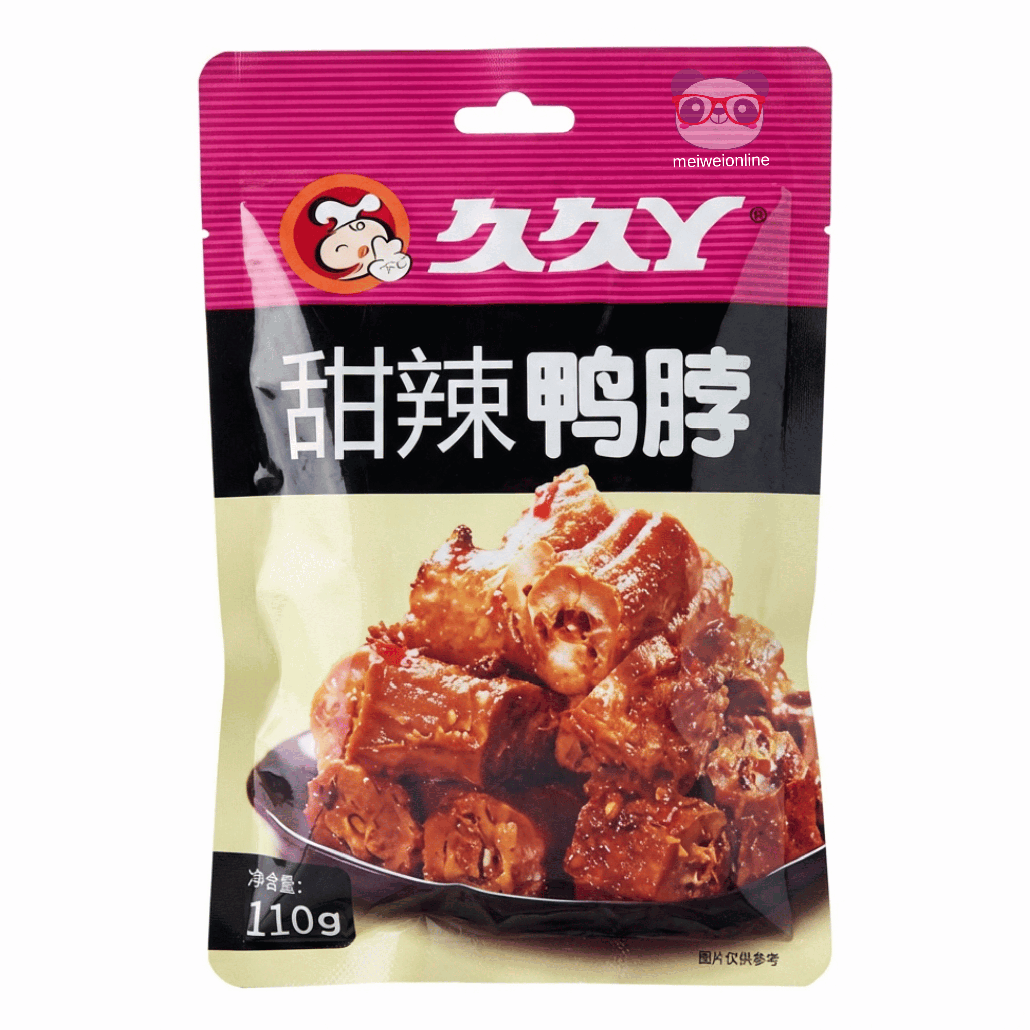Embalagem de snack de pescoço de pato doce e picante Jiu Jiu Y 玖久Y 甜辣鸭脖 110g em pé sobre fundo branco Mei Wei 