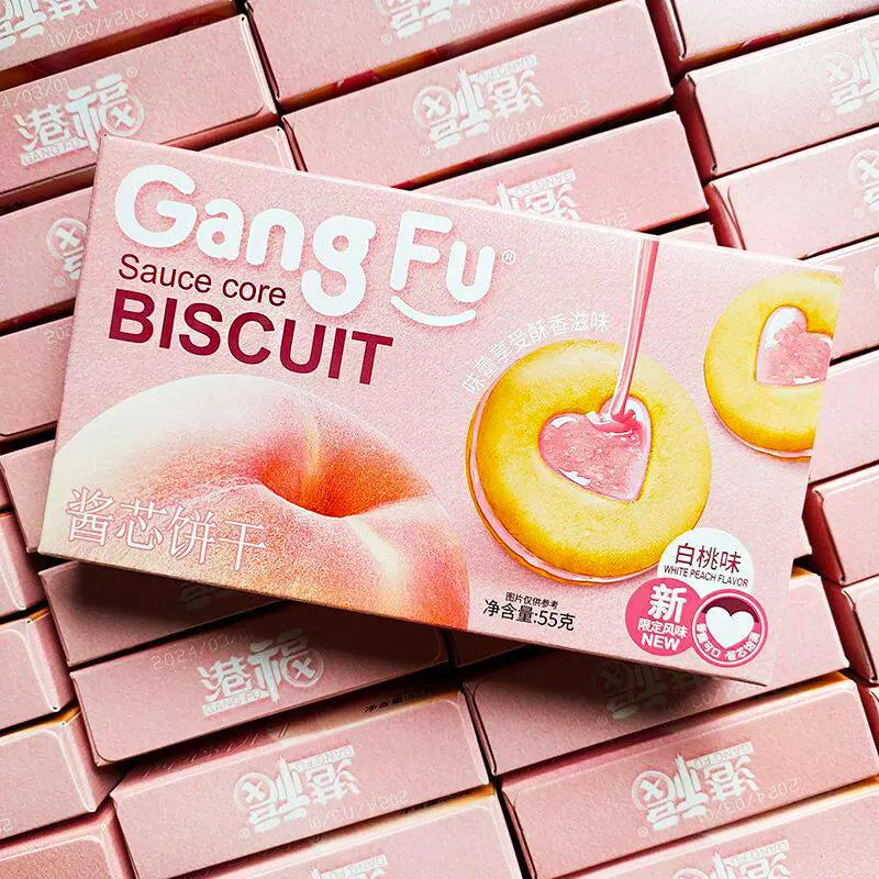 Biscoito Recheado Sabor Pêssego Branco（港福酱芯饼干）- Gang Fu 55g