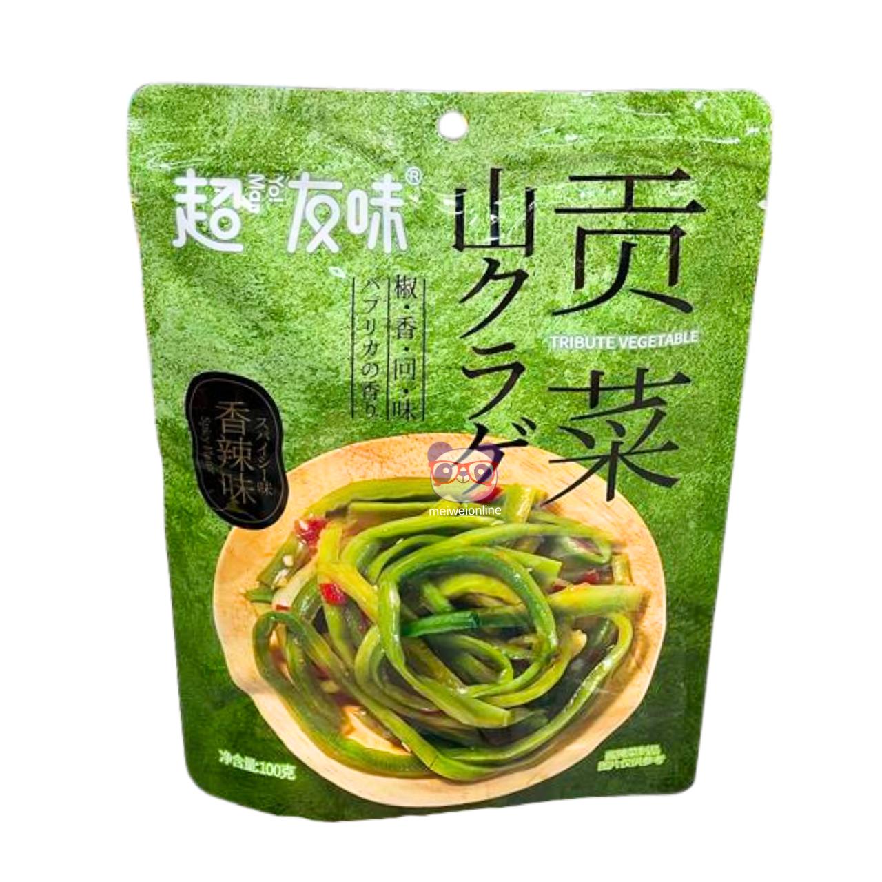 Vegetal em conserva apimentado Tribute Vegetable 贡菜 gōng cài em tiras embalagem 100g