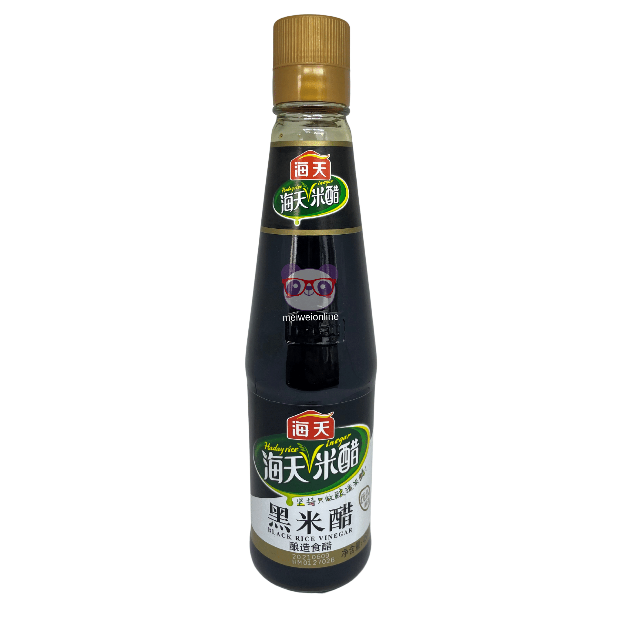 Mei Wei: Vinagre de Arroz Preto Haday 450ml (海天黑米醋) - Black Rice Vinegar chinês em garrafa de vidro com tampa dourada e rótulo verde